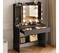 DWVO Coiffeuse avec miroir et éclairage, 3 couleurs avec luminosité réglable, coiffeuse avec 2 tiroirs et 3 portes, avec compartiments ouverts, étagère à bijoux, 90 x 40 cm (noir)