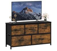 DWVO Commode à 5 tiroirs en Tissu, Commode pour Chambre à Coucher, Salon avec poignées, Dessus en Bois et Cadre en Acier Robuste, Marron Rustique