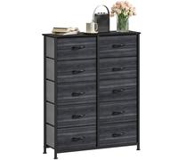 DWVO Commode en Tissu avec 10 tiroirs, Commode pour Chambre à Coucher, Salon avec poignées, Dessus en Bois et Cadre en Acier Robuste, Grain de Bois Noir Anthracite