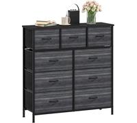 DWVO Commode en Tissu avec 9 tiroirs, Commode pour Chambre à Coucher, Salon avec poignées, Dessus en Bois et Cadre en Acier Robuste, Noir et Gris