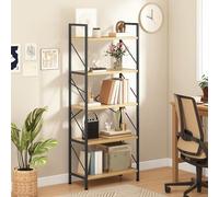 DWVO Étagère à Livres à 5 Niveaux, bibliothèque en Bois et métal, Rangement pour Livres, étagère Industrielle Haute pour Salon, Cuisine ou Chambre à Coucher, Couleur Bois