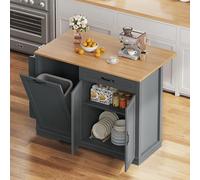 DWVO Îlot de cuisine avec feuille tombante, table roulante avec poubelle de rangement pour poubelle de 40 litres, îlots de rangement mobiles de cuisine de 127 cm, gris