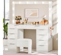 DWVO Meuble de maquillage avec plateau en verre de 117,8 cm, 10 tiroirs, grand miroir LED, station de charge intégrée et chaise de rangement rembourrée, coiffeuse avec 3 modes d'éclairage de couleur