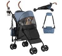 DWVO Poussette pliable pour chien jusqu'à 11,3 kg - Avec fenêtre en filet, coussin, panier de rangement - Roues EVA résistantes à l'usure à 360 ° - Bleu et noir