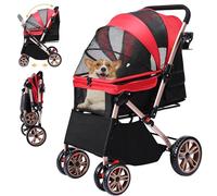 DWVO Poussette pour chien 3 en 1 - Pliable - Poussette pour chat jusqu'à 22 kg - Roues EVA résistantes à l'usure à 360° - Panier de rangement - Fenêtre en filet - 58,5 x 76 x 105 cm - Rouge