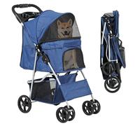 DWVO Poussette pour chien et chat de taille moyenne jusqu'à 15 kg, pliable, avec fenêtre en filet et porte-gobelet, panier de rangement, bleue