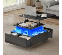 DWVO Table Basse avec LED, Hauteur Réglable, Noir Laqué Moderne, avec Rangement et Tiroirs pour Salon, 60x60x45-58 cm