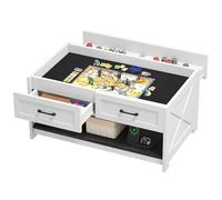 DWVO Table Basse de Jeu de société Farmhouse : Table de Salon Puzzle 3 en 1 avec 4 tiroirs, Tapis de Jeu, Prise de Courant, Plateau Amovible Noir