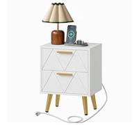 DWVO Table de chevet moderne à 2 tiroirs et station électrique avec pieds et poignées en métal doré - Table d'appoint avec espace de rangement pour salon et chambre à coucher - Blanc