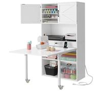 DWVO Table de couture avec rangement, armoire pliante et prises de courant USB, armoire à couture de grande capacité avec bureau extensible, étagères réglables pour la maison ou le studio