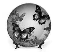 DWVSFJM Assiette décorative en porcelaine anglaise avec support de présentation - Assiette ronde en porcelaine - 25,4 cm - Motif papillons noirs et gris