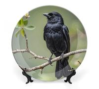 DWVSFJM Assiette décorative en porcelaine anglaise avec support de présentation - Assiette ronde en porcelaine - 20,3 cm - Motif corbeau noir sur une branche