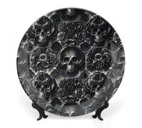 DWVSFJM Assiette décorative en porcelaine anglaise avec support de présentation - Assiette ronde en porcelaine - 25,4 cm - Pivoine noire - Motif tête de mort