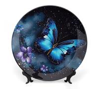 DWVSFJM Assiette décorative en porcelaine anglaise avec support de présentation - Assiette ronde en porcelaine - Motif papillon bleu galaxie - 17,8 cm