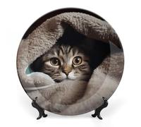 DWVSFJM Assiette décorative en porcelaine anglaise imprimée chat sous couverture avec présentoir assiette décorative en céramique assiette ronde en porcelaine art artisanat pour décoration murale 15,2