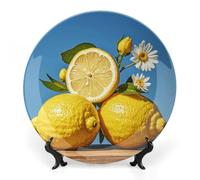 DWVSFJM Assiette décorative en porcelaine anglaise imprimée citron et fleur avec présentoir - Assiette décorative en céramique - Assiette ronde en porcelaine - Artisanat pour décoration murale - 17,8