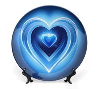 DWVSFJM Assiette décorative en porcelaine anglaise imprimée cœur bleu avec présentoir assiette décorative en céramique assiette ronde en porcelaine art artisanat pour décoration murale 17,8 cm