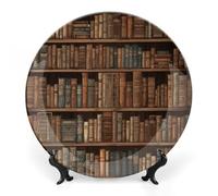 DWVSFJM Assiette décorative en porcelaine anglaise imprimée de bibliothèque avec présentoir - Assiette décorative en céramique - Assiette ronde en porcelaine - Artisanat pour décoration murale - 17,8