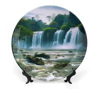 DWVSFJM Assiette décorative en porcelaine anglaise imprimée de paysage de cascade avec présentoir - Assiette décorative en céramique - Assiette ronde en porcelaine - Artisanat pour décoration murale