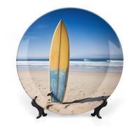 DWVSFJM Assiette décorative en porcelaine anglaise imprimée de planche de surf de plage avec support de présentation - Assiette décorative ronde en porcelaine - Assiette ronde en porcelaine