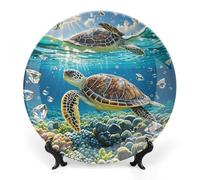 DWVSFJM Assiette décorative en porcelaine anglaise imprimée de tortues de mer avec support de présentation - Assiette décorative ronde en porcelaine - Pour décoration murale - 17,8 cm