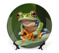 DWVSFJM Assiette décorative en porcelaine anglaise imprimée grenouille d'arbre de la paix avec support de présentation - Assiette décorative ronde en porcelaine - 20,3 cm