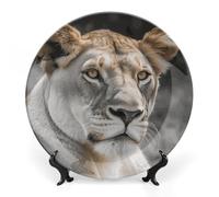 DWVSFJM Assiette décorative en porcelaine anglaise imprimée lionne avec support de présentation - Assiette décorative ronde en porcelaine - 20,3 cm