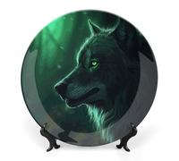 DWVSFJM Assiette décorative en porcelaine anglaise imprimée loup vert avec support de présentation - Assiette décorative ronde en porcelaine - Pour décoration murale - 25,4 cm