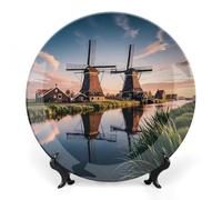 DWVSFJM Assiette décorative en porcelaine anglaise imprimée moulin à vent hollandais avec présentoir assiette décorative en céramique assiette ronde en porcelaine pour décoration murale 15,2 cm