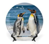DWVSFJM Assiette décorative en porcelaine anglaise imprimée pingouin et mer avec support de présentation - Assiette décorative ronde en porcelaine - Pour décoration murale - 17,8 cm