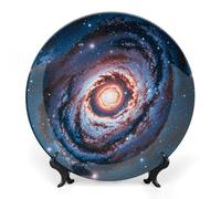 DWVSFJM Assiette décorative en porcelaine anglaise imprimée planète étoiles et galaxie avec support de présentation - Assiette décorative ronde en porcelaine - Pour décoration murale - 20,3 cm