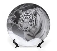 DWVSFJM Assiette décorative en porcelaine anglaise imprimée tigre blanc dans la neige avec support de présentation - Assiette décorative ronde en porcelaine - Pour décoration murale - 20,3 cm