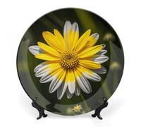 DWVSFJM Assiette décorative en porcelaine anglaise jaune et grise avec support de présentation - Assiette décorative ronde en porcelaine - Pour décoration murale - 17,8 cm
