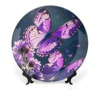 DWVSFJM Jolie assiette décorative en porcelaine anglaise imprimée papillons violets avec support de présentation - Assiette décorative en porcelaine ronde - Pour décoration murale - 17,8 cm