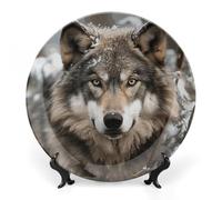 DWVSFJM Lmage of Wolf in the Snow Print Assiette décorative en porcelaine anglaise avec présentoir Assiette décorative en céramique Assiette ronde en porcelaine Art Artisanat pour décoration murale