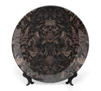 DWVSFJM Papier peint gothique pour murs, motif tête de mort, damassé, assiette décorative en porcelaine avec support de présentation, assiette décorative en céramique, assiette ronde en porcelaine