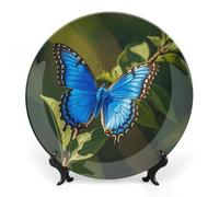 DWVSFJM Petite assiette décorative en porcelaine anglaise avec support de présentation - Assiette décorative ronde en porcelaine - 20,3 cm - Motif papillon bleu