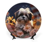 DWVSFJM Shih Tzu Assiette décorative en porcelaine anglaise avec support en céramique Motif chien et fleurs 25,4 cm