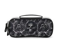 DWVSFJM Trousse à crayons en cuir PU étanche et portable avec fermeture éclair Noir pivoine rose crâne Trousse à crayons pour fournitures de bureau Trousse de maquillage