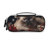DWVSFJM Trousse à crayons en cuir synthétique étanche et portable avec fermeture éclair Motif chat siamois de Noël