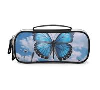 DWVSFJM Trousse à crayons en cuir synthétique étanche et portable avec fermeture éclair Motif papillon bleu et nuages