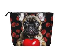 Dwvtfsm Bulldog français tenant une trousse de maquillage en forme de cœur rouge pour femme, organisateur de cosmétiques de voyage en lin imperméable, léger, fermeture éclair, trousse de toilette de