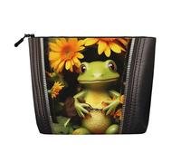 Dwvtfsm Grenouille assise à l'intérieur avec fermeture éclair avec fleurs à l'intérieur de la trousse de maquillage pour femme, organiseur de voyage imperméable en lin, organiseur de cosmétiques de