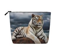Dwvtfsm Majestic Tiger se reposant sur un rocher avec ciel nuageux - Trousse de maquillage pour femme - Imperméable - En lin - Léger - Fermeture éclair - Trousse de toilette de voyage - Organiseur de