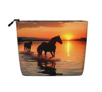 Dwvtfsm Sunsets Lake Horses Trousse de maquillage pour femme, étanche, organiseur de voyage en lin, léger, fermeture éclair, trousse de toilette de voyage, sac de rangement pour pinceaux de maquillage