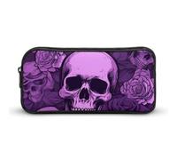 DWVTFSM Trousse à crayons violette avec têtes de mort et roses - Grande capacité - Jolie trousse de maquillage pour homme et femme