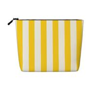 Dwvtfsm Trousse de maquillage à rayures jaunes citron pour femme, organiseur de voyage en lin imperméable, léger avec fermeture éclair, trousse de toilette de voyage, sac de rangement pour pinceaux de