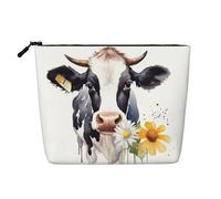 Dwvtfsm Trousse de maquillage aquarelle vache et marguerite pour femme, organiseur de voyage en lin imperméable, léger à fermeture éclair, trousse de toilette de voyage, sac de rangement pour pinceaux