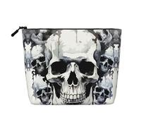 Dwvtfsm Trousse de maquillage avec motif tête de mort blanche et grise pour femme, organiseur de voyage en lin imperméable, léger à fermeture éclair, trousse de toilette de voyage, organisateur de