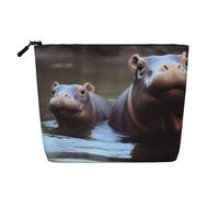 Dwvtfsm Trousse de maquillage bébé hippopotame pour femme, organiseur de voyage en lin imperméable, léger avec fermeture éclair, trousse de toilette de voyage, sac de rangement pour pinceaux de